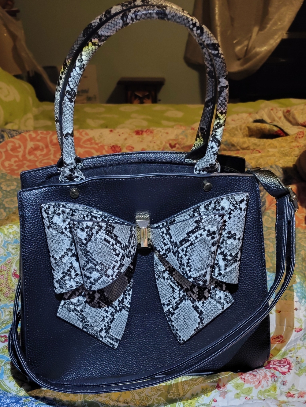 Crossi ~ Black Handbag with Snake-Print Bow Accent!